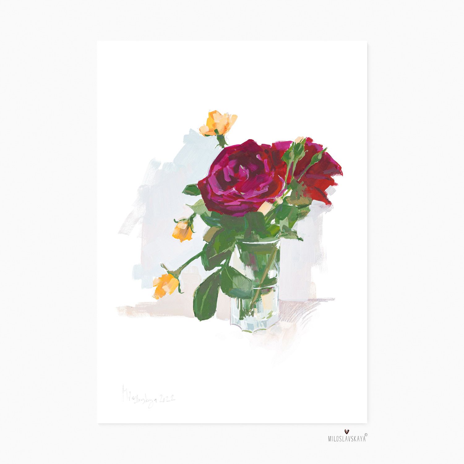 Букет садовых роз - темпера, цветной карандаш, бумага