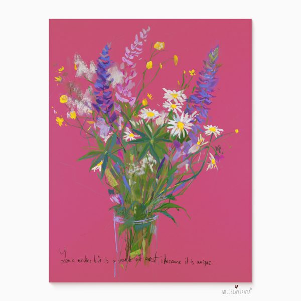 Букет полевых цветов - темпера, масляная пастель, бумага